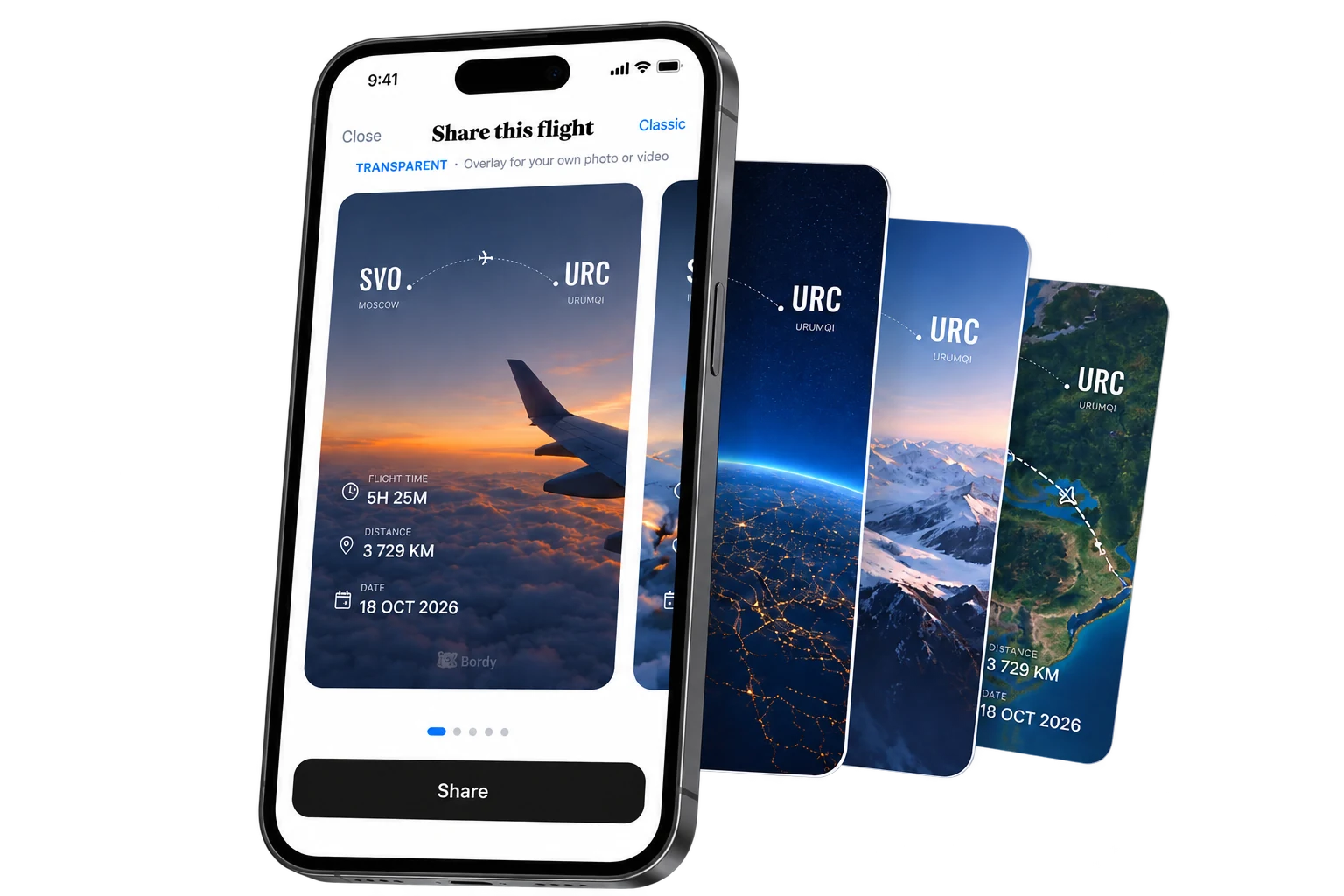 Bordy share-card screen with four card styles fanned out behind it